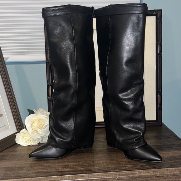Steve Madden Women Corenne Cuffed Wedge Tall Black Leather Dress Boot NWOB sz 6 - Picture 6 of 15